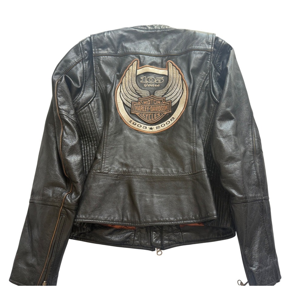 Harley Davidson Leather Motorcycle Jacket Womens Medium Black 105th Anniversary